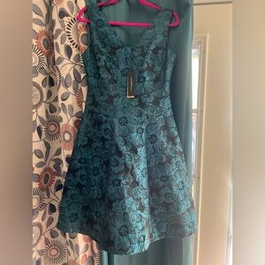 Donna Karan Teal and Black Floral Fit-and-Flare Midi Dress